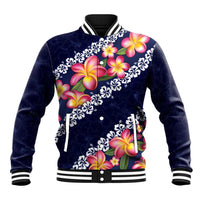 Blue Polynesia Baseball Jacket Plumeria With Hibiscus Pattern Tropical Vibes