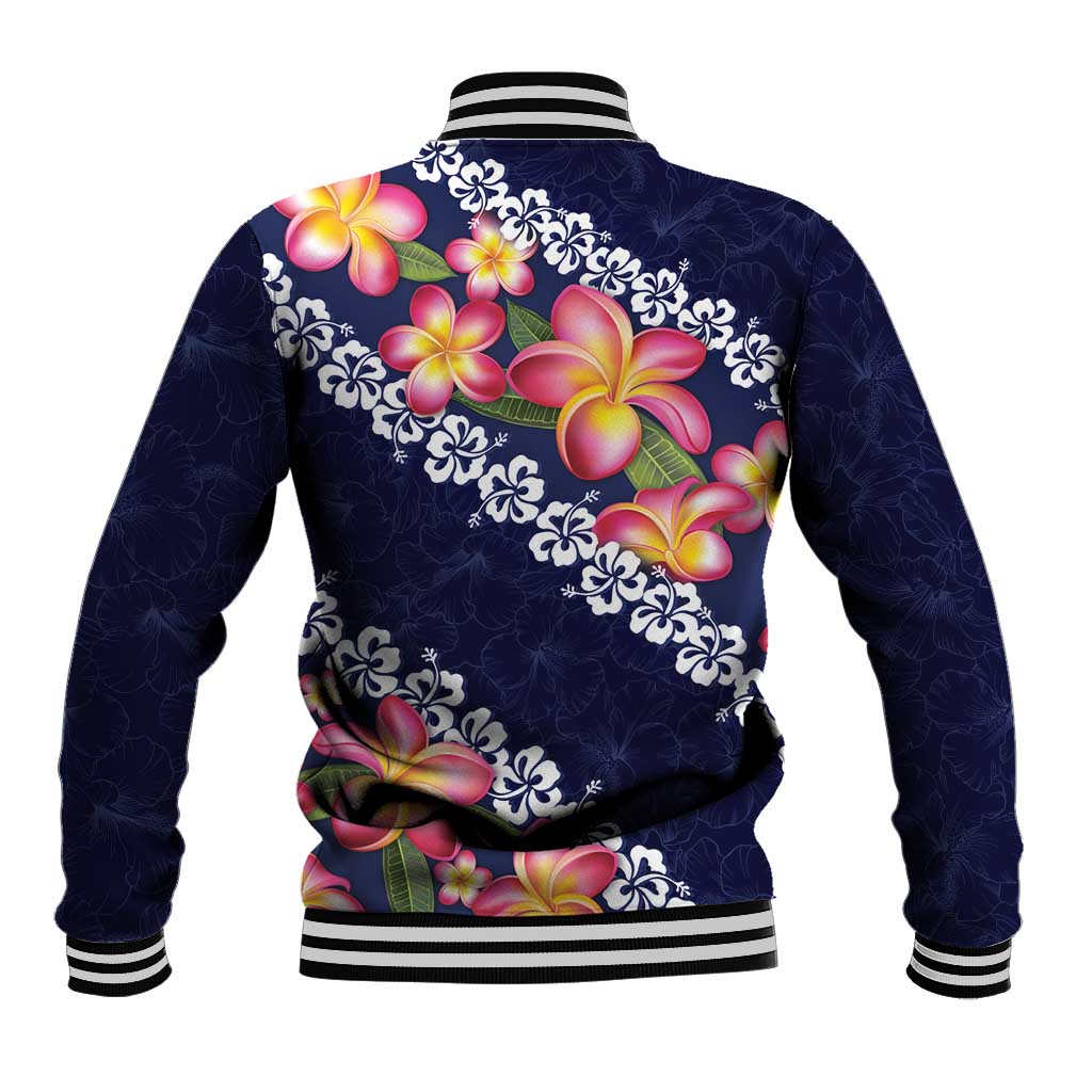 Blue Polynesia Baseball Jacket Plumeria With Hibiscus Pattern Tropical Vibes