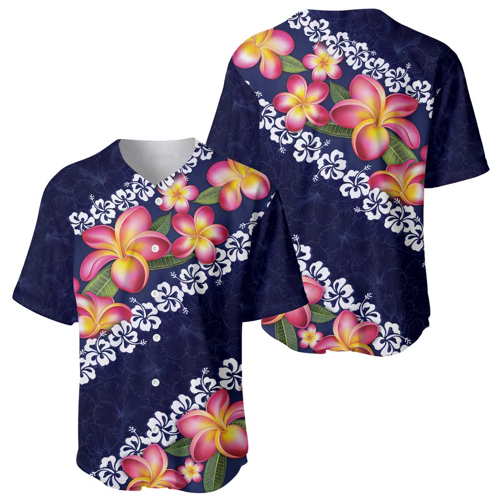 Blue Polynesia Baseball Jersey Plumeria With Hibiscus Pattern Tropical Vibes