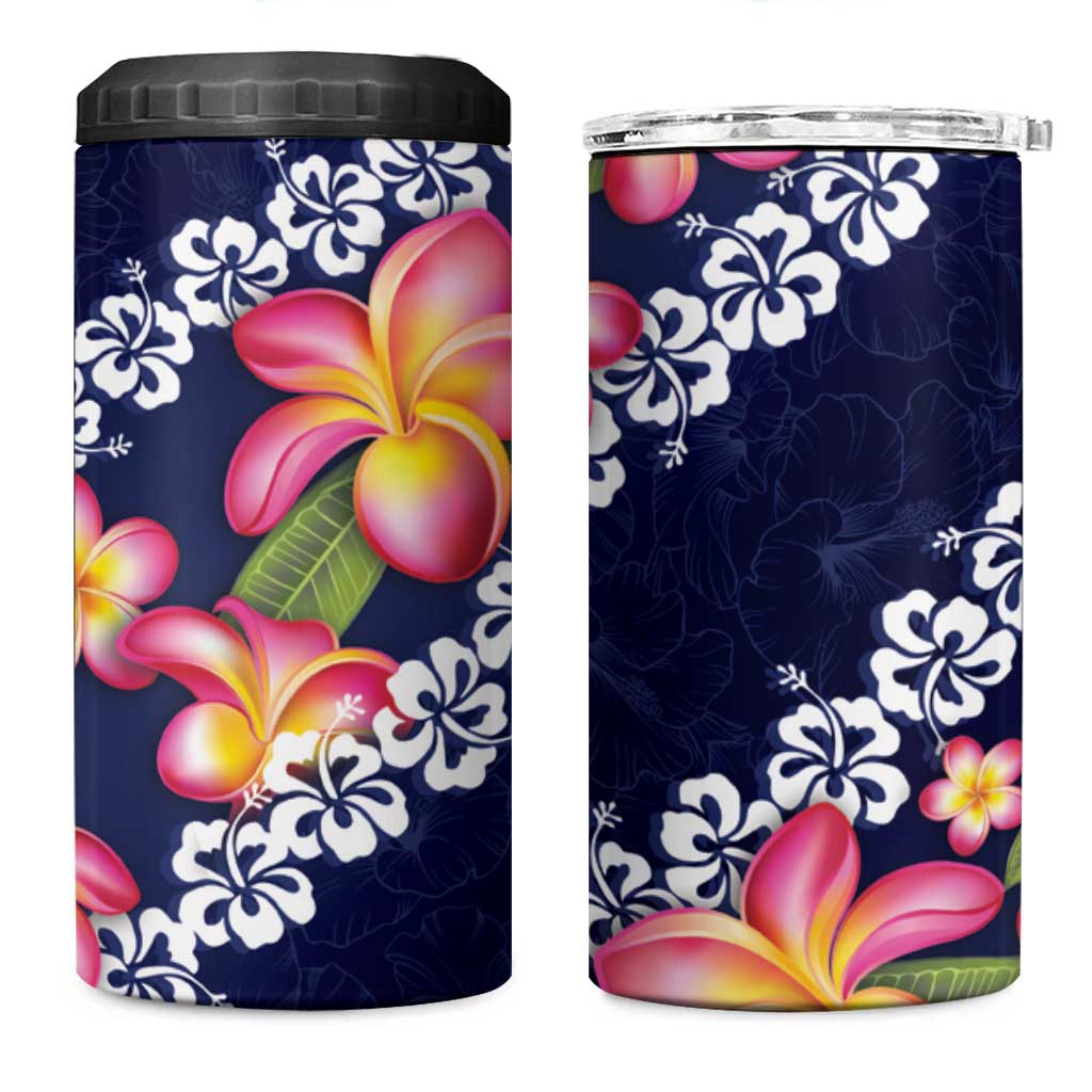 Blue Polynesia 4 in 1 Can Cooler Tumbler Plumeria With Hibiscus Pattern Tropical Vibes