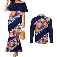 Blue Polynesia Couples Matching Mermaid Dress and Long Sleeve Button Shirt Plumeria With Hibiscus Pattern Tropical Vibes