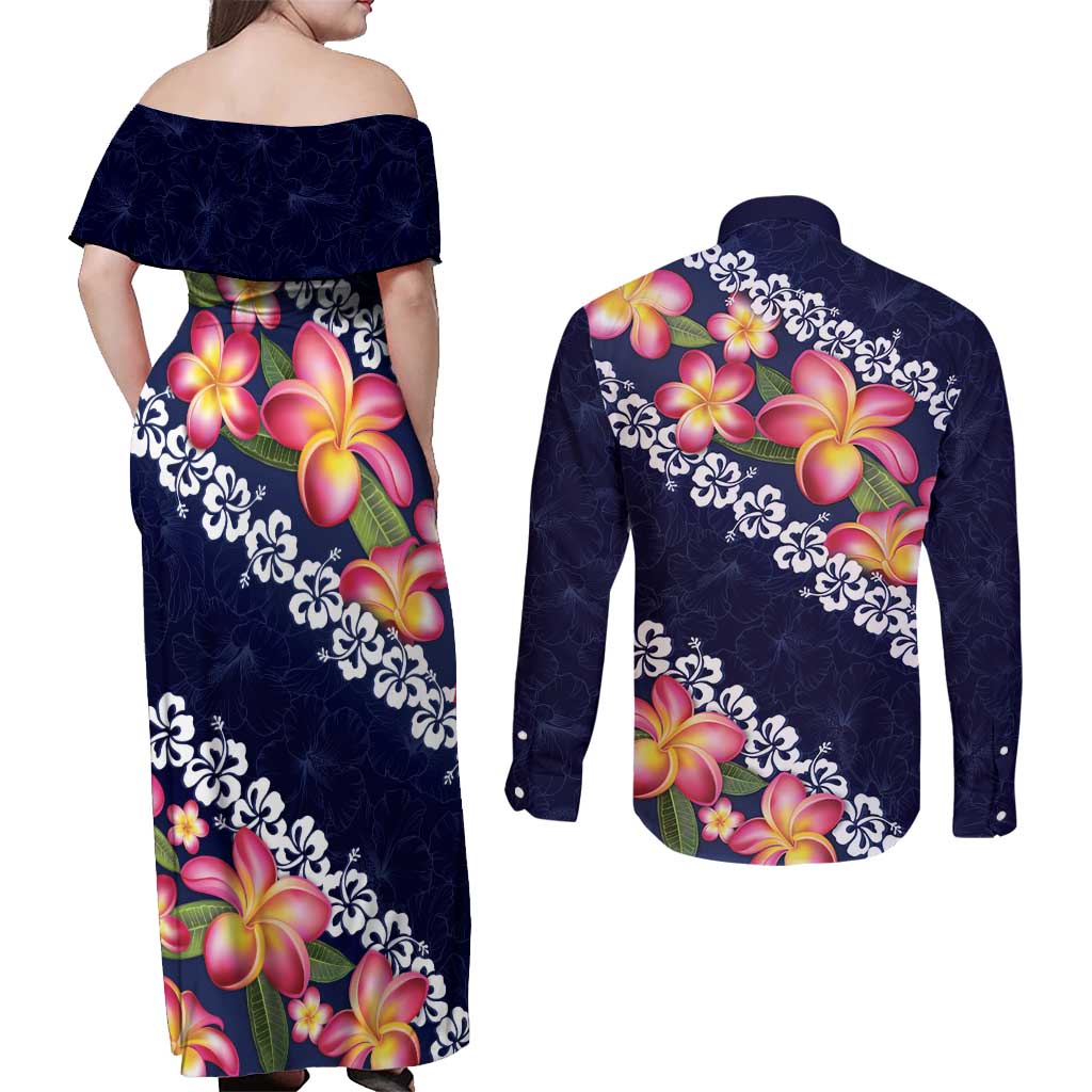 Blue Polynesia Couples Matching Off Shoulder Maxi Dress and Long Sleeve Button Shirt Plumeria With Hibiscus Pattern Tropical Vibes