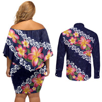 Blue Polynesia Couples Matching Off Shoulder Short Dress and Long Sleeve Button Shirt Plumeria With Hibiscus Pattern Tropical Vibes