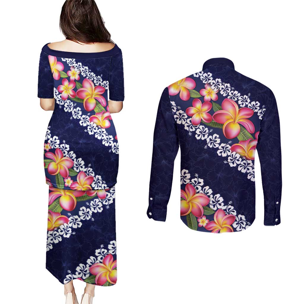 Blue Polynesia Couples Matching Puletasi and Long Sleeve Button Shirt Plumeria With Hibiscus Pattern Tropical Vibes