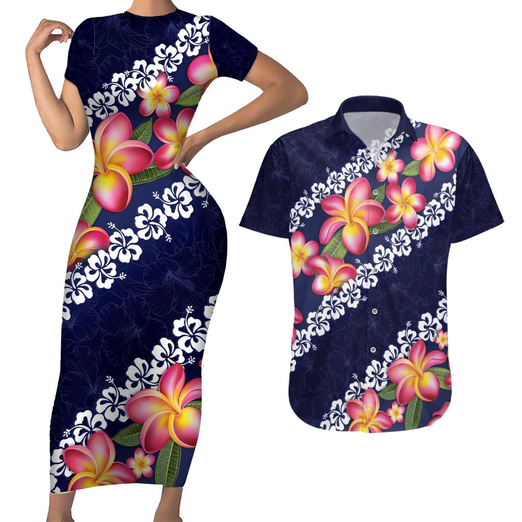 Blue Polynesia Couples Matching Short Sleeve Bodycon Dress and Hawaiian Shirt Plumeria With Hibiscus Pattern Tropical Vibes