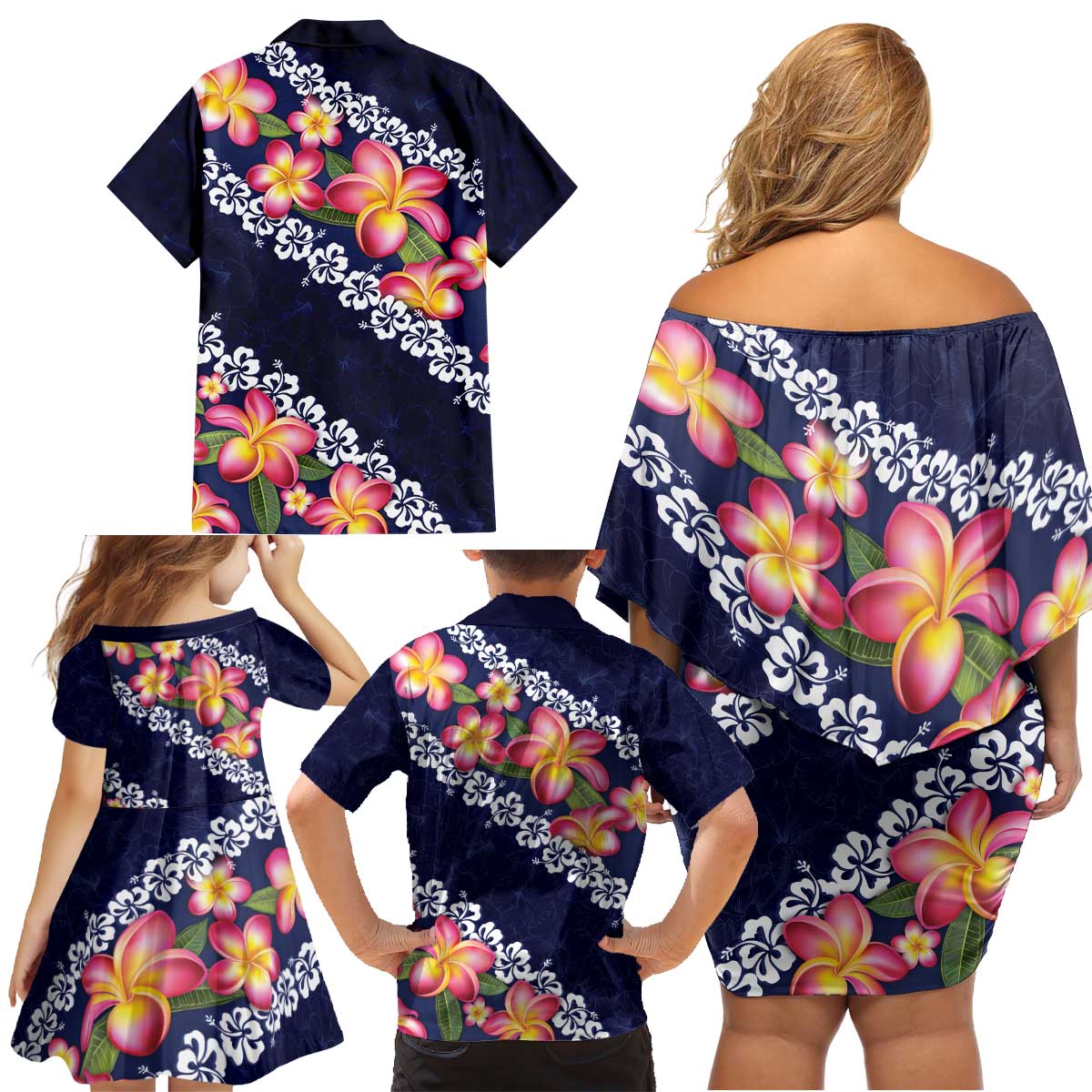 Blue Polynesia Family Matching Off Shoulder Short Dress and Hawaiian Shirt Plumeria With Hibiscus Pattern Tropical Vibes