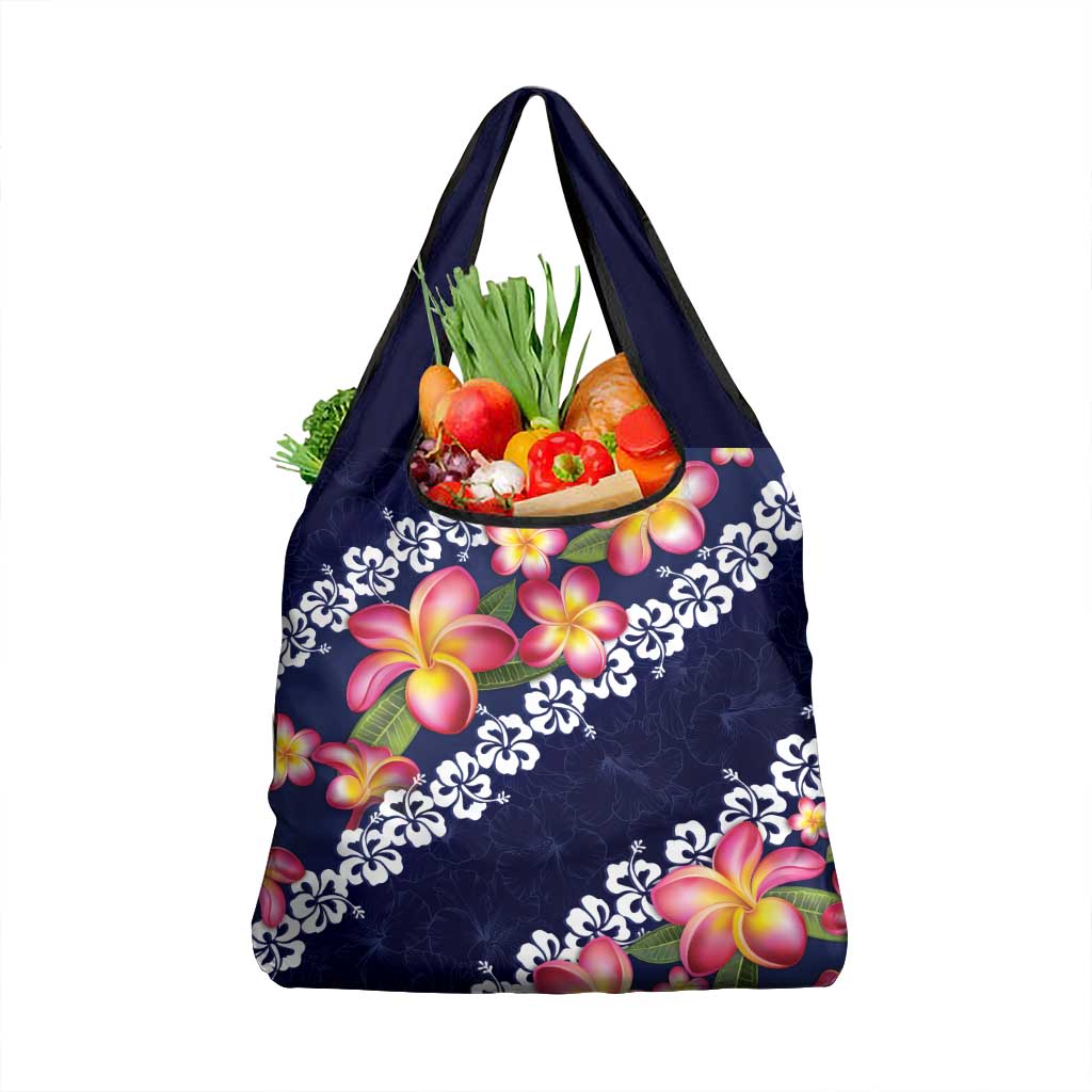 Blue Polynesia Grocery Bag Plumeria With Hibiscus Pattern Tropical Vibes