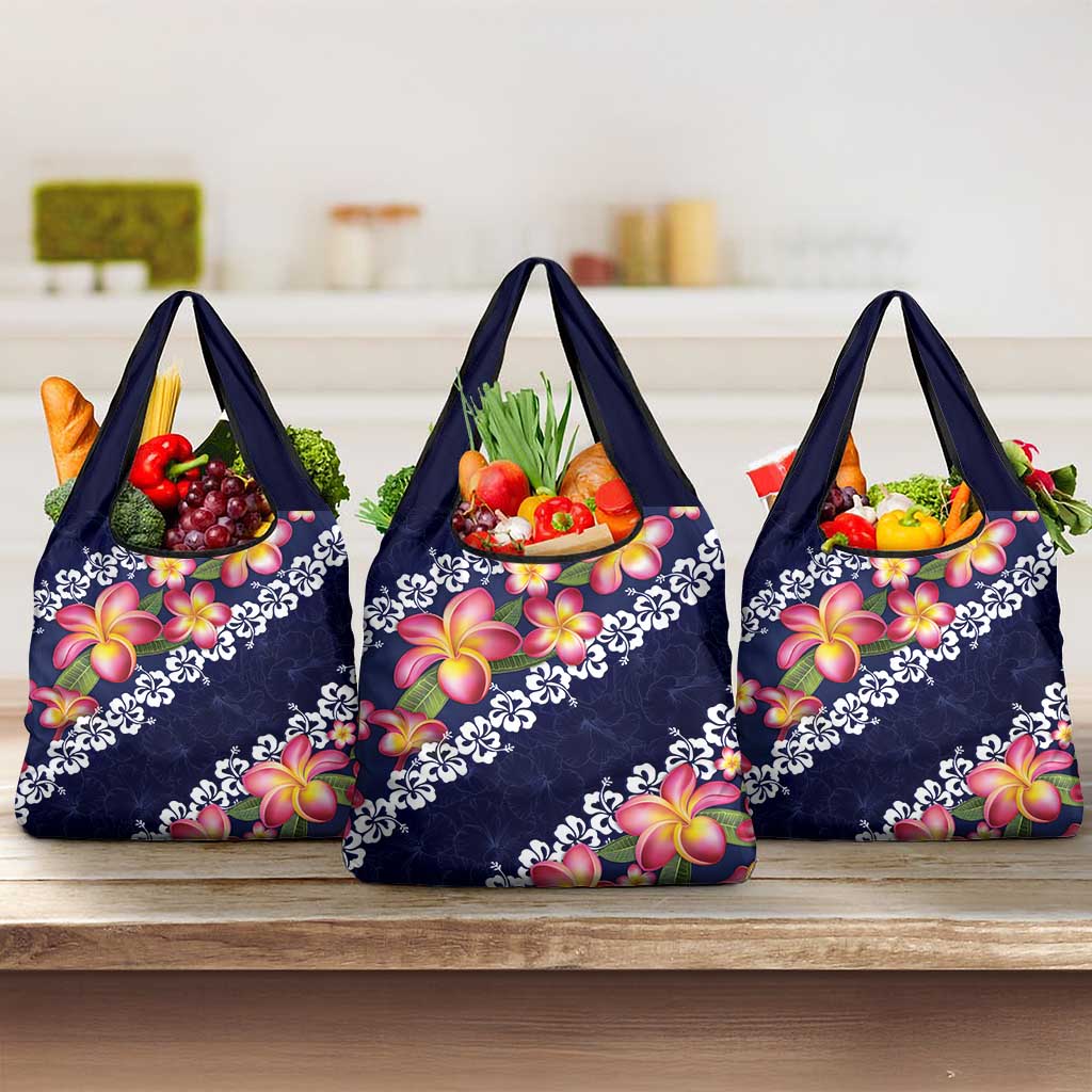 Blue Polynesia Grocery Bag Plumeria With Hibiscus Pattern Tropical Vibes