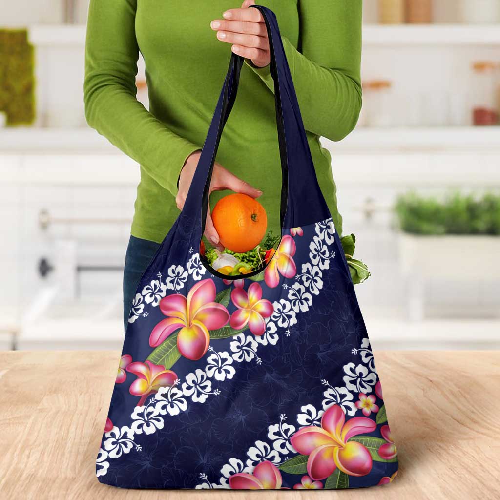 Blue Polynesia Grocery Bag Plumeria With Hibiscus Pattern Tropical Vibes