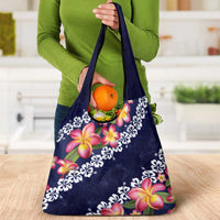 Blue Polynesia Grocery Bag Plumeria With Hibiscus Pattern Tropical Vibes
