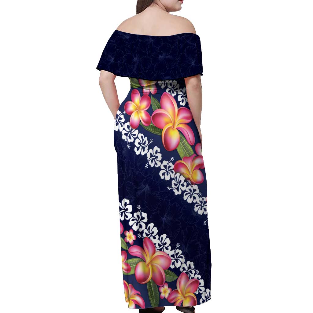 Blue Polynesia Off Shoulder Maxi Dress Plumeria With Hibiscus Pattern Tropical Vibes