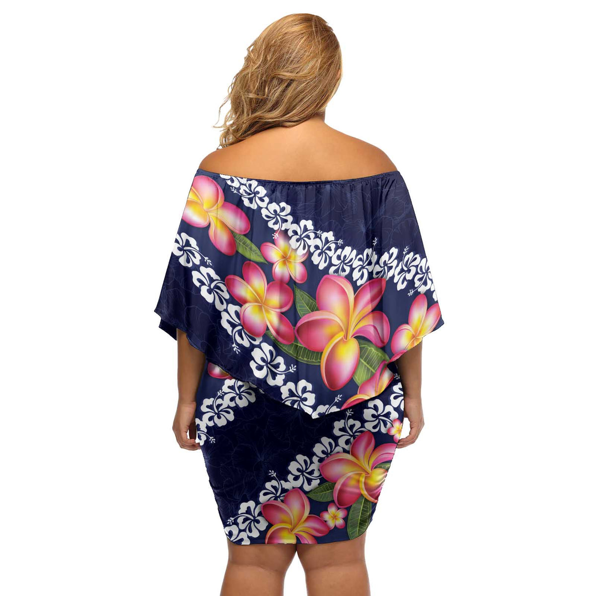 Blue Polynesia Off Shoulder Short Dress Plumeria With Hibiscus Pattern Tropical Vibes
