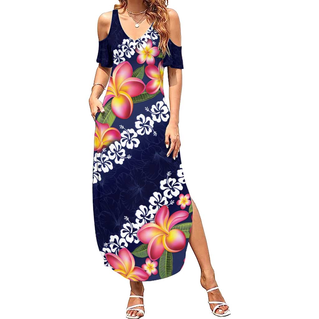 Blue Polynesia Summer Maxi Dress Plumeria With Hibiscus Pattern Tropical Vibes