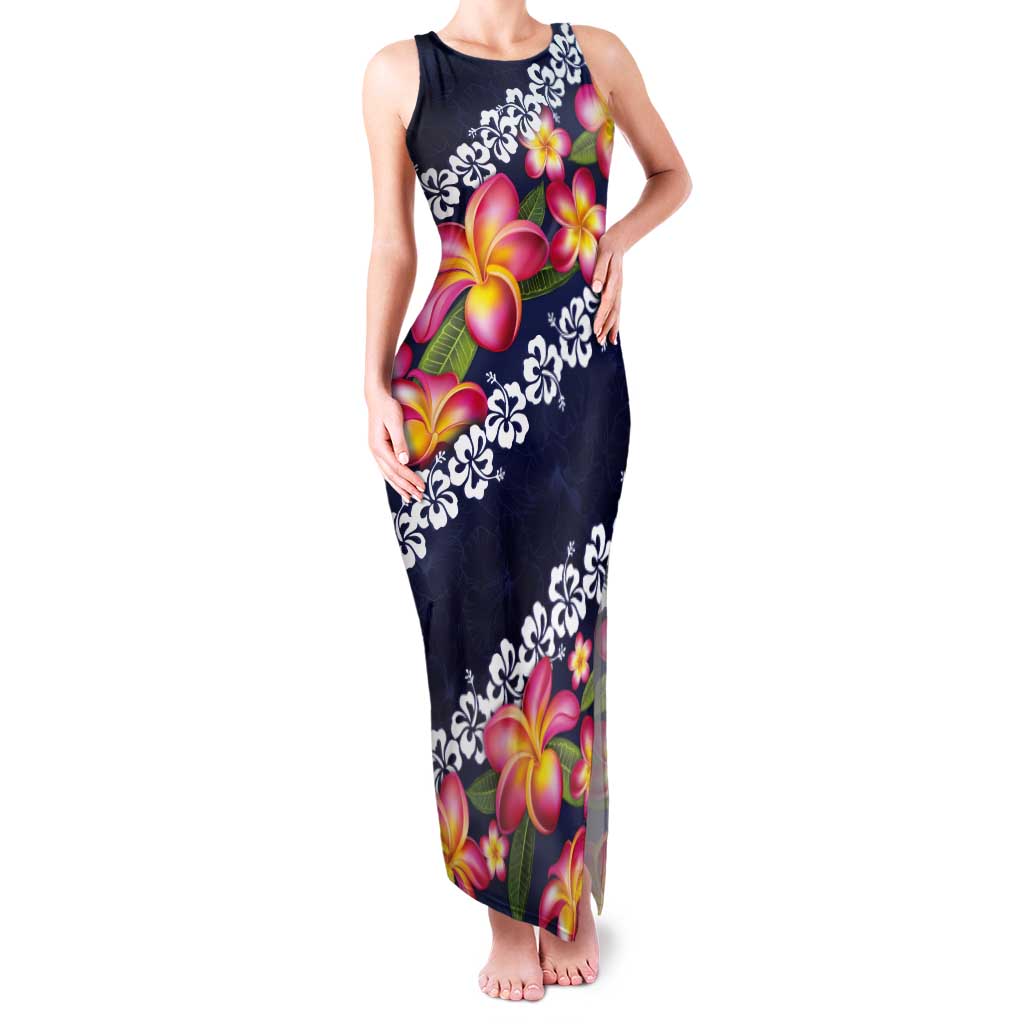 Blue Polynesia Tank Maxi Dress Plumeria With Hibiscus Pattern Tropical Vibes