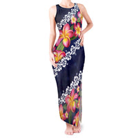 Blue Polynesia Tank Maxi Dress Plumeria With Hibiscus Pattern Tropical Vibes