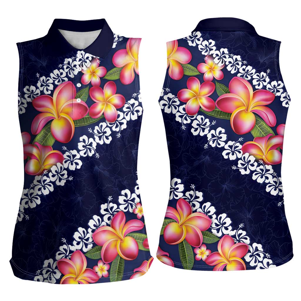 Blue Polynesia Women Sleeveless Polo Shirt Plumeria With Hibiscus Pattern Tropical Vibes