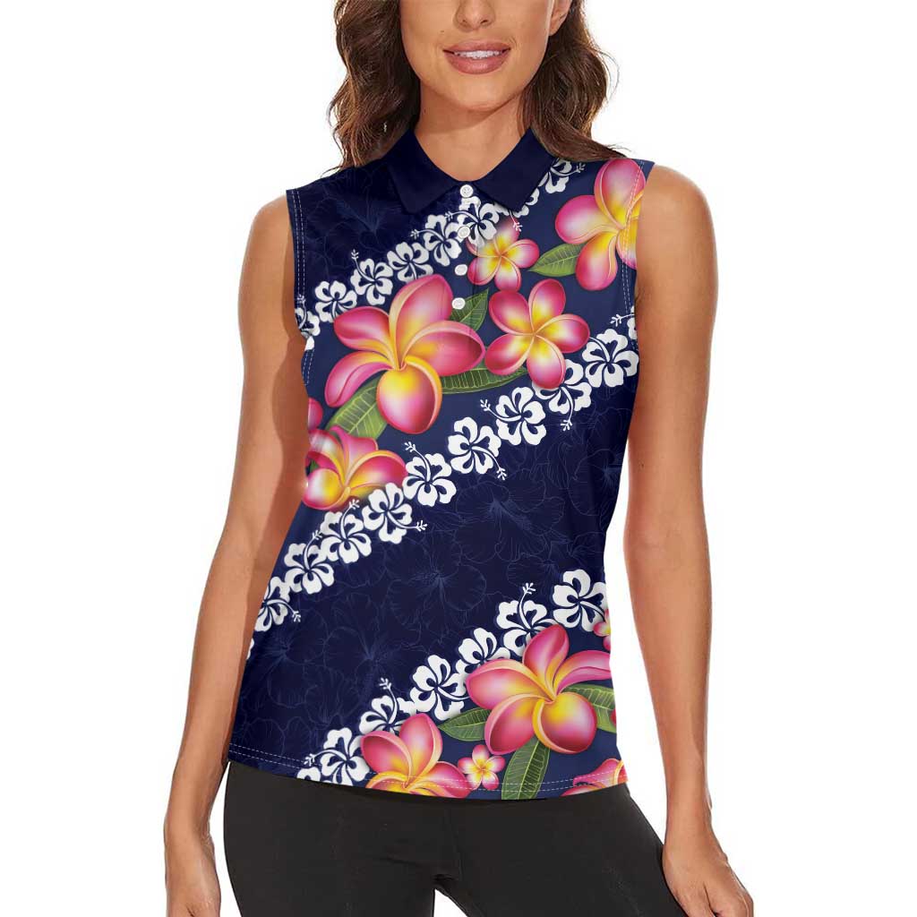 Blue Polynesia Women Sleeveless Polo Shirt Plumeria With Hibiscus Pattern Tropical Vibes