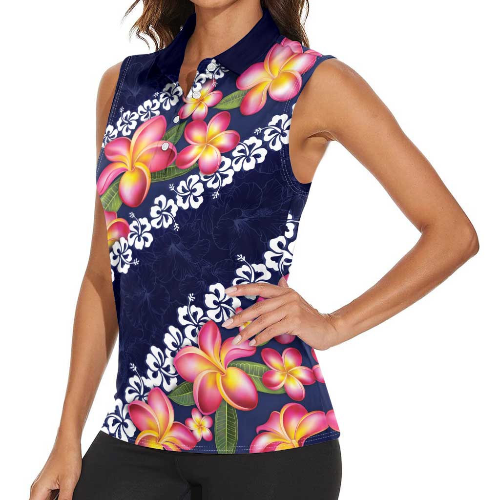 Blue Polynesia Women Sleeveless Polo Shirt Plumeria With Hibiscus Pattern Tropical Vibes