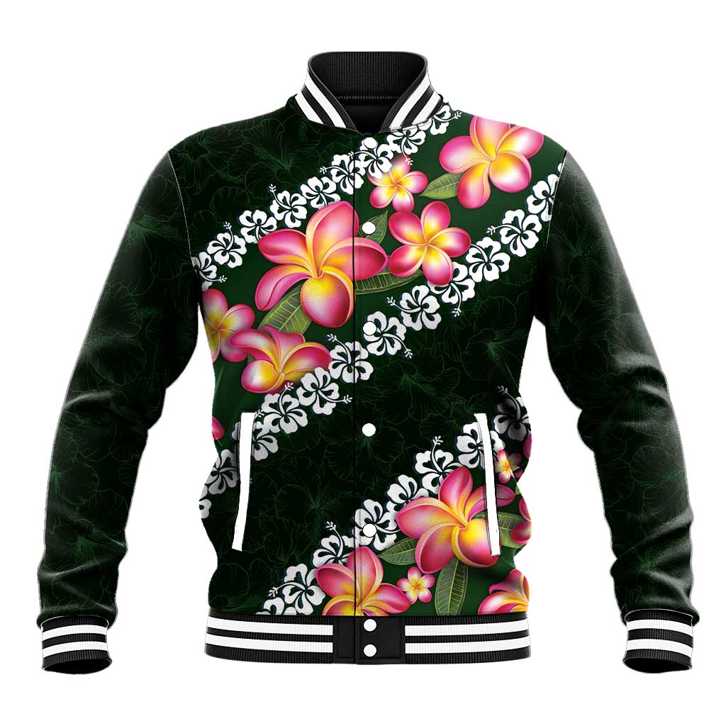 Green Polynesia Baseball Jacket Plumeria With Hibiscus Pattern Tropical Vibes