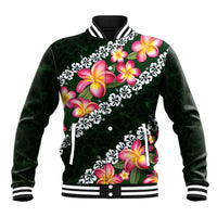 Green Polynesia Baseball Jacket Plumeria With Hibiscus Pattern Tropical Vibes