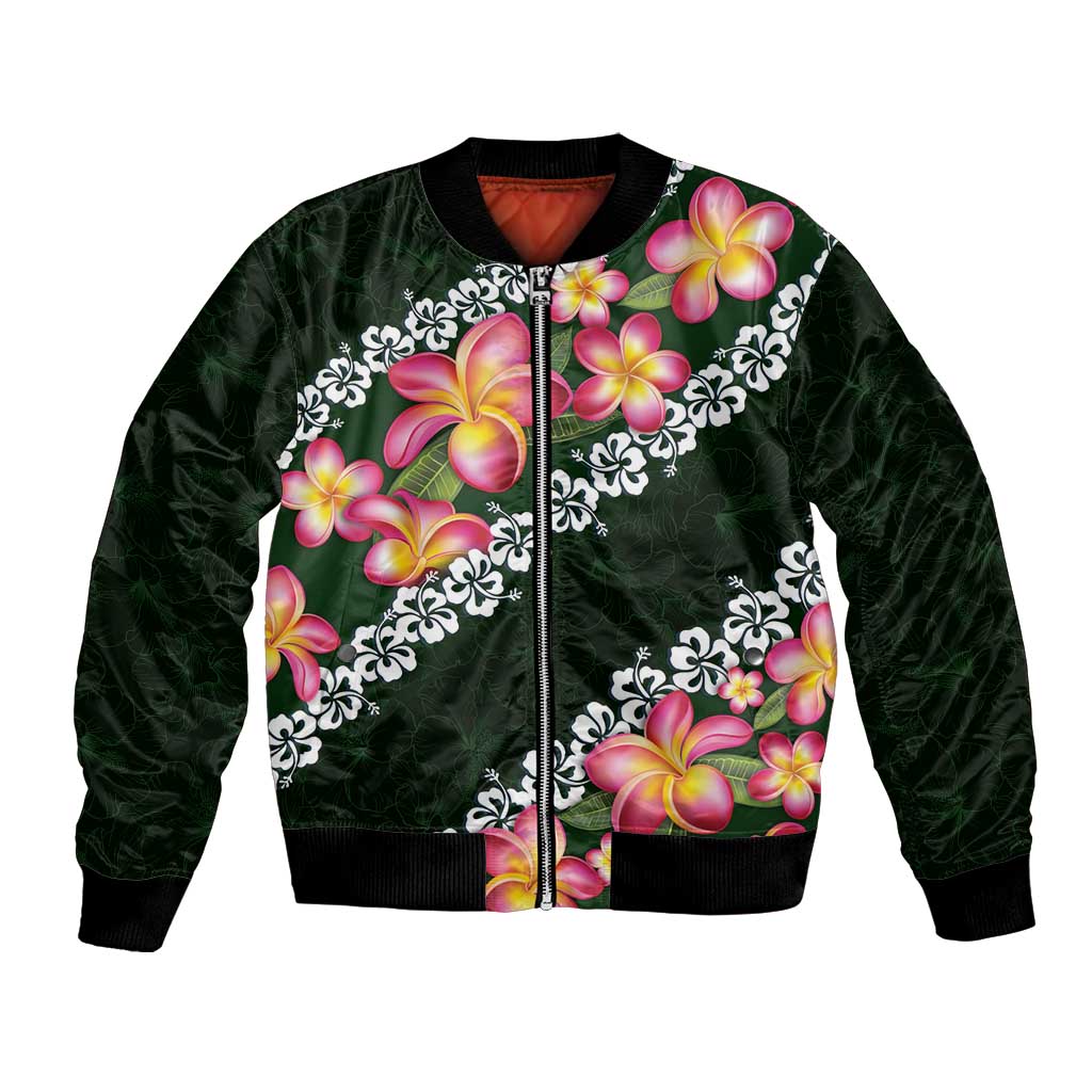 Green Polynesia Bomber Jacket Plumeria With Hibiscus Pattern Tropical Vibes