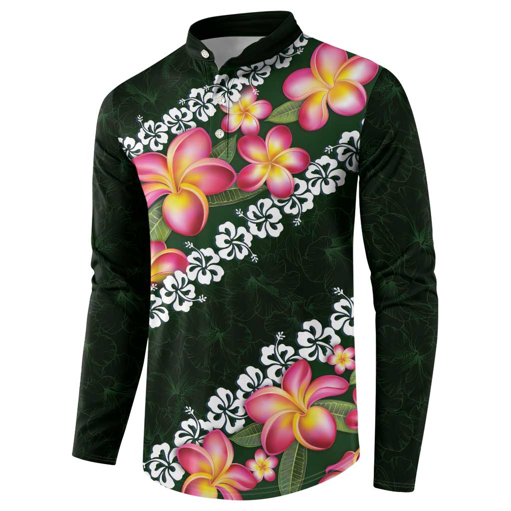 Green Polynesia Button Sweatshirt Plumeria With Hibiscus Pattern Tropical Vibes