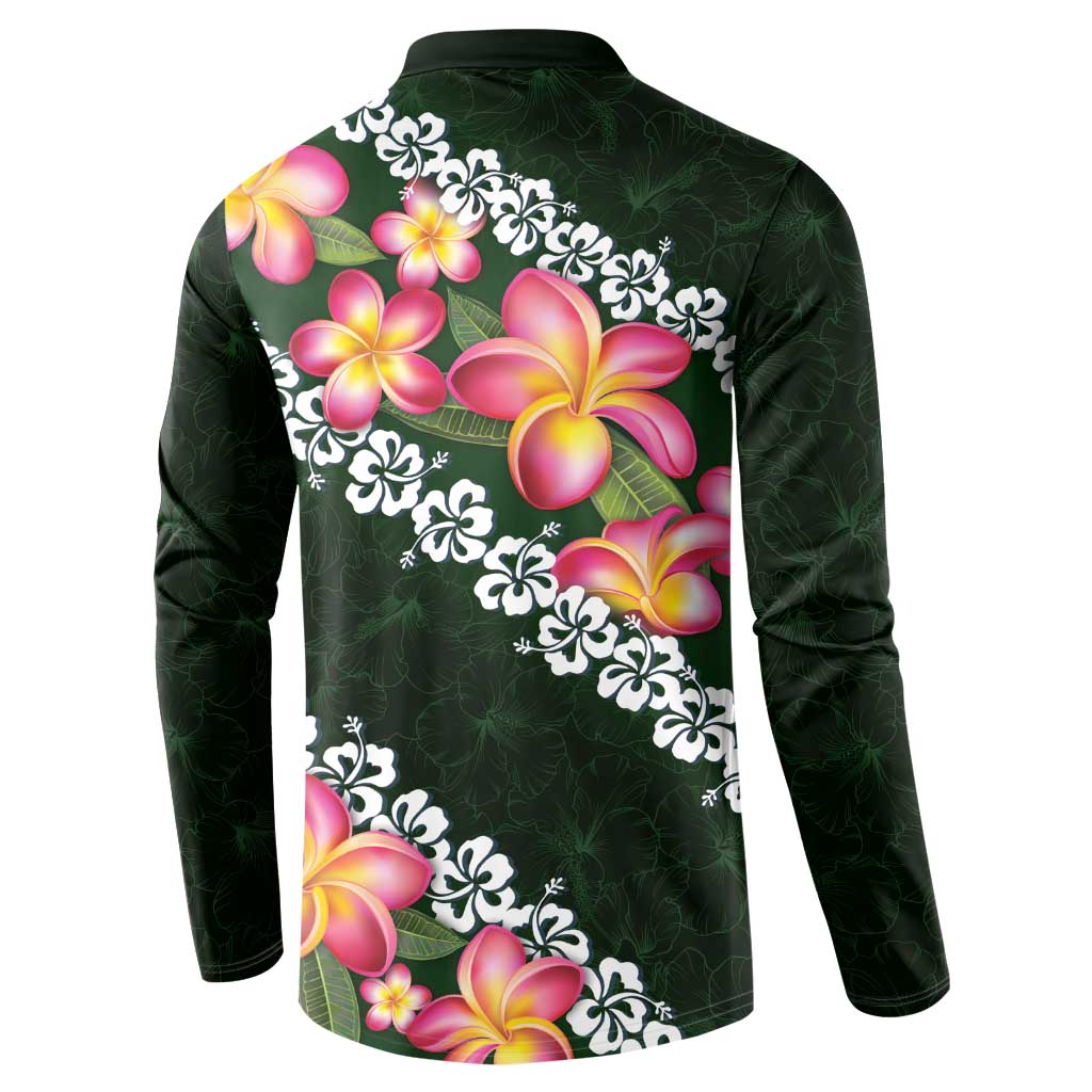 Green Polynesia Button Sweatshirt Plumeria With Hibiscus Pattern Tropical Vibes