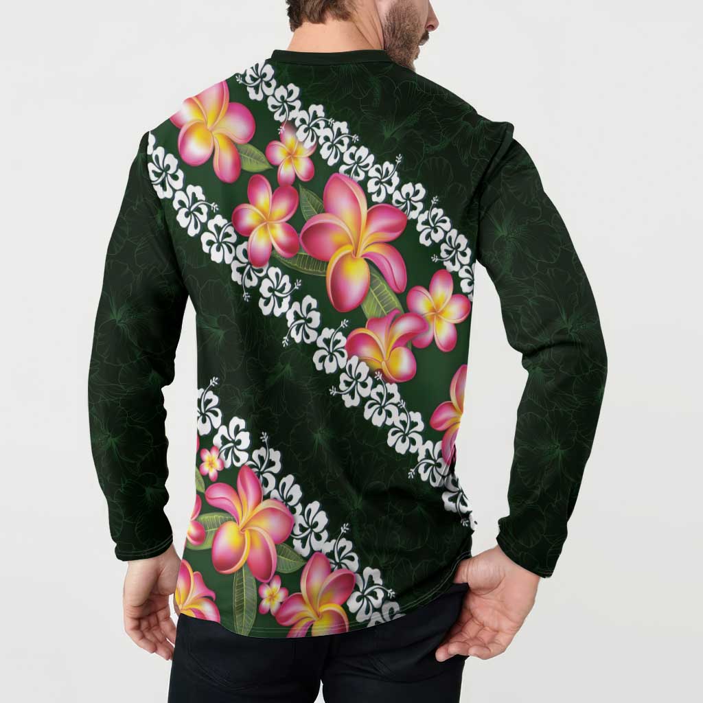 Green Polynesia Button Sweatshirt Plumeria With Hibiscus Pattern Tropical Vibes
