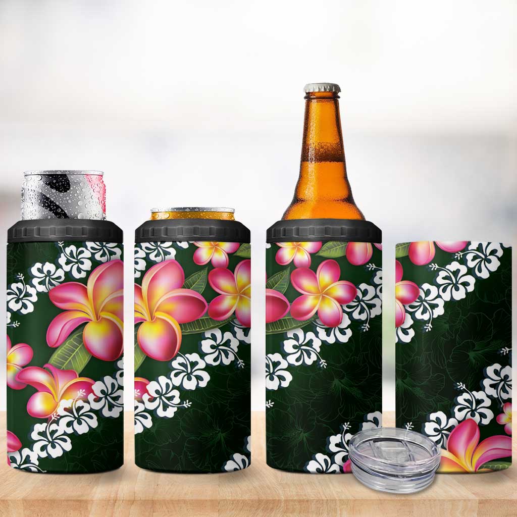 Green Polynesia 4 in 1 Can Cooler Tumbler Plumeria With Hibiscus Pattern Tropical Vibes