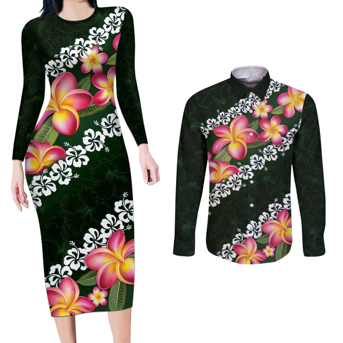 Green Polynesia Couples Matching Long Sleeve Bodycon Dress and Long Sleeve Button Shirt Plumeria With Hibiscus Pattern Tropical Vibes