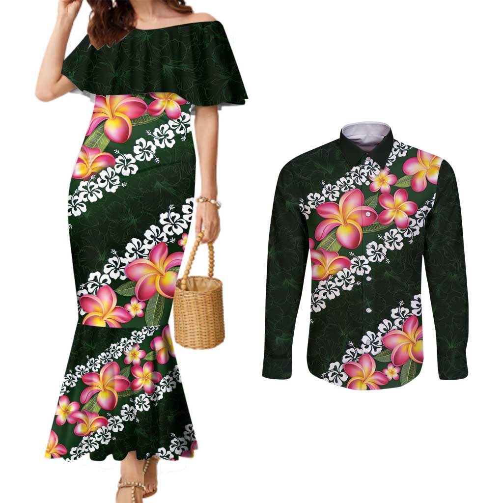 Green Polynesia Couples Matching Mermaid Dress and Long Sleeve Button Shirt Plumeria With Hibiscus Pattern Tropical Vibes