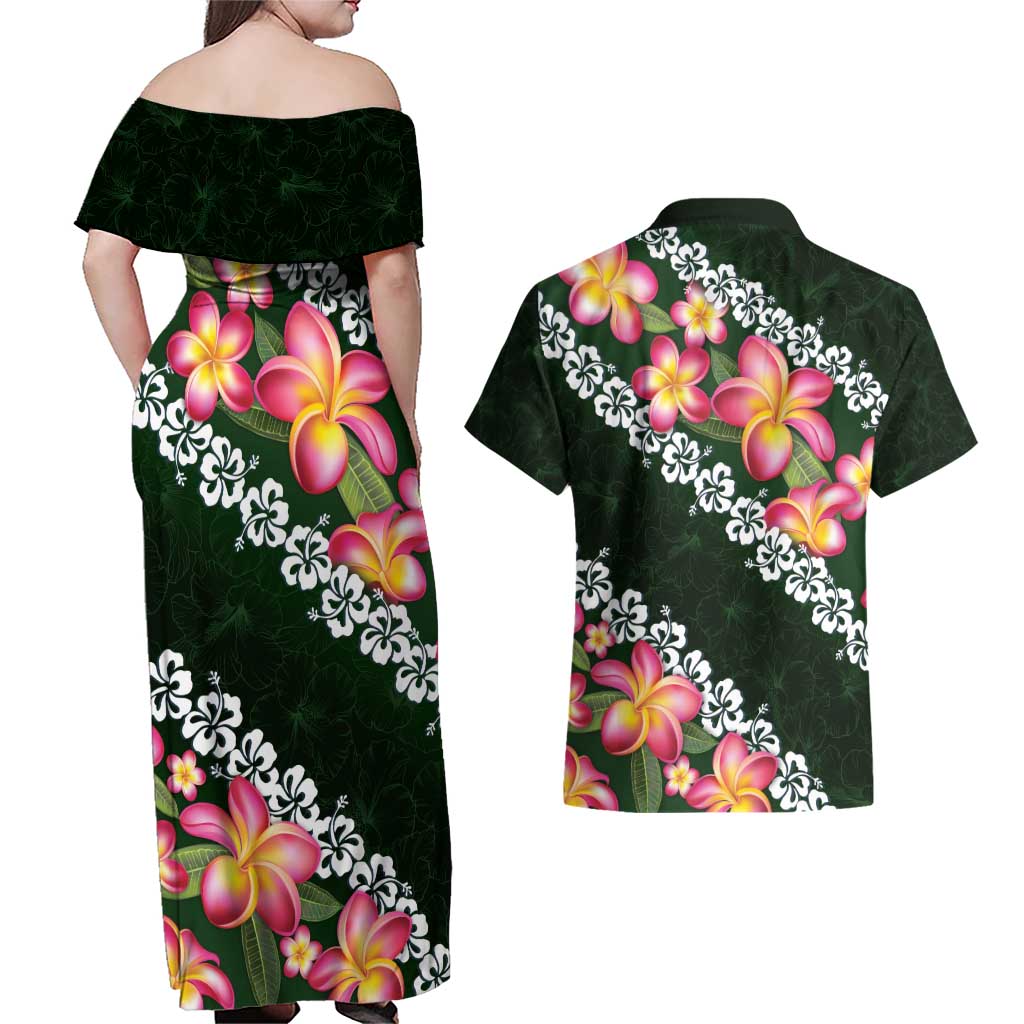Green Polynesia Couples Matching Off Shoulder Maxi Dress and Hawaiian Shirt Plumeria With Hibiscus Pattern Tropical Vibes