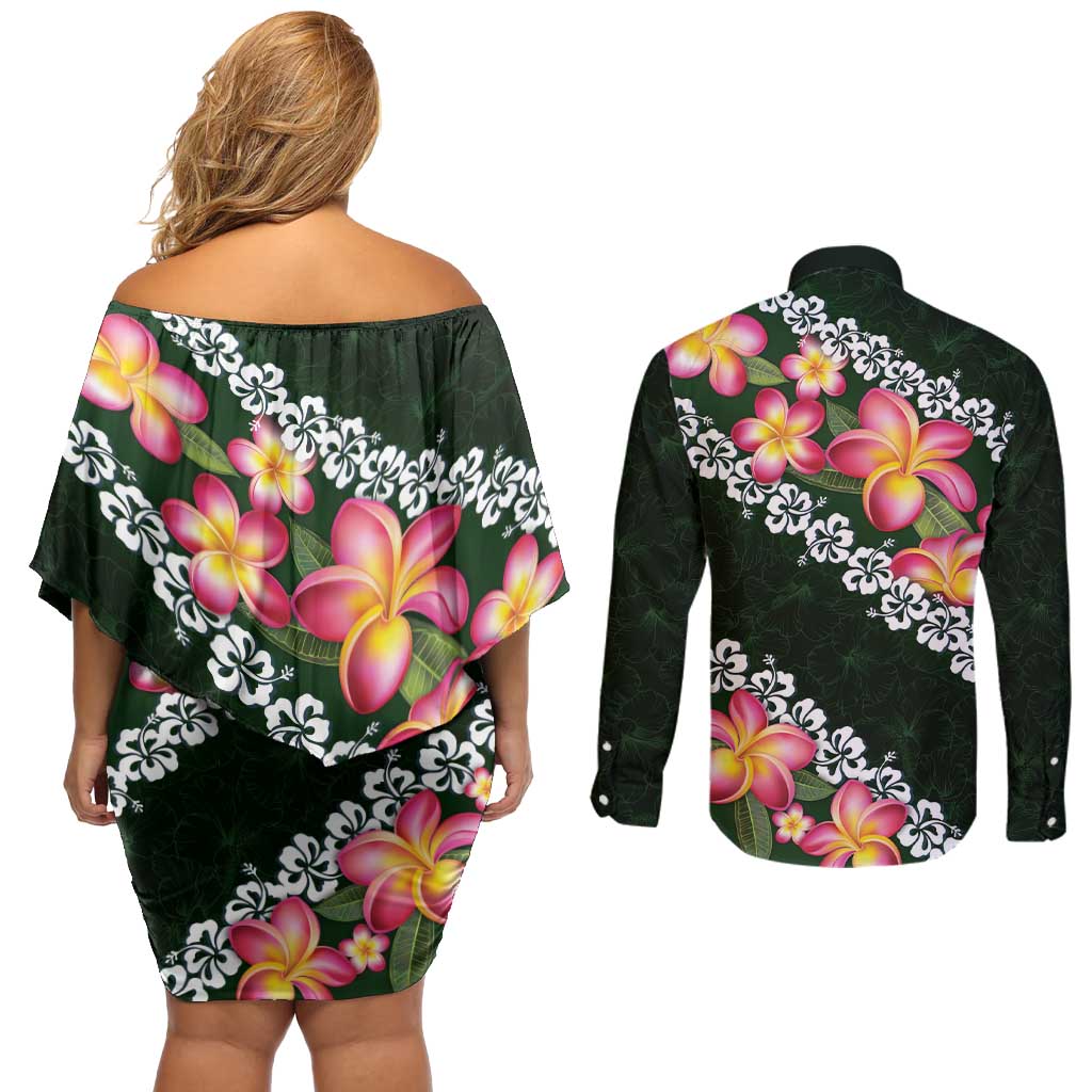 Green Polynesia Couples Matching Off Shoulder Short Dress and Long Sleeve Button Shirt Plumeria With Hibiscus Pattern Tropical Vibes
