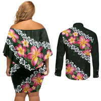 Green Polynesia Couples Matching Off Shoulder Short Dress and Long Sleeve Button Shirt Plumeria With Hibiscus Pattern Tropical Vibes