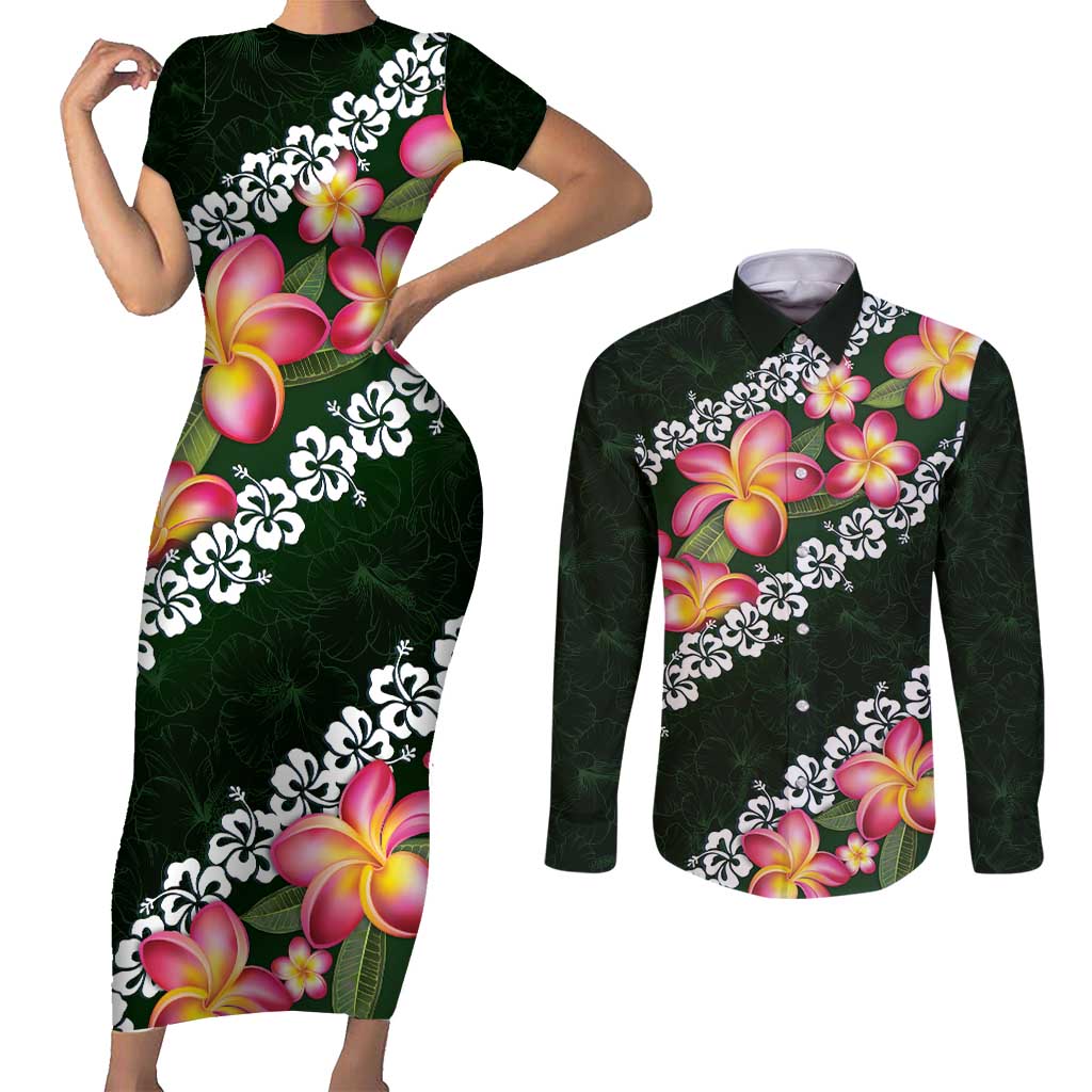 Green Polynesia Couples Matching Short Sleeve Bodycon Dress and Long Sleeve Button Shirt Plumeria With Hibiscus Pattern Tropical Vibes