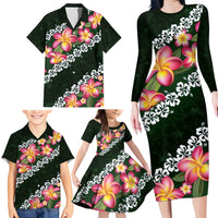 Green Polynesia Family Matching Long Sleeve Bodycon Dress and Hawaiian Shirt Plumeria With Hibiscus Pattern Tropical Vibes LT14 - Polynesian Pride