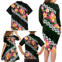 Green Polynesia Family Matching Long Sleeve Bodycon Dress and Hawaiian Shirt Plumeria With Hibiscus Pattern Tropical Vibes LT14 - Polynesian Pride