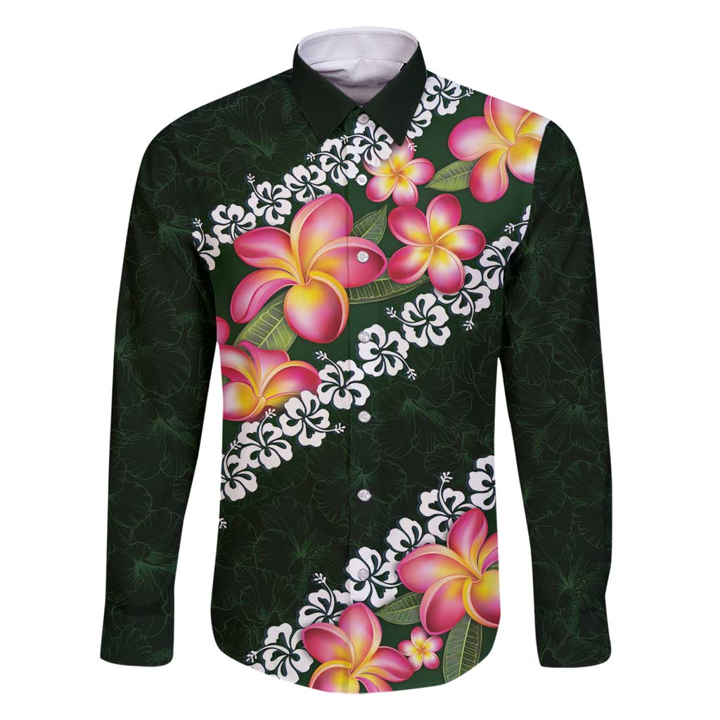 Green Polynesia Family Matching Long Sleeve Bodycon Dress and Hawaiian Shirt Plumeria With Hibiscus Pattern Tropical Vibes LT14 Dad's Shirt - Long Sleeve Green - Polynesian Pride