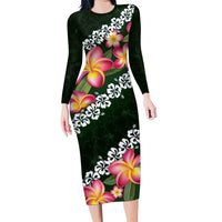 Green Polynesia Family Matching Long Sleeve Bodycon Dress and Hawaiian Shirt Plumeria With Hibiscus Pattern Tropical Vibes LT14 Mom's Dress Green - Polynesian Pride