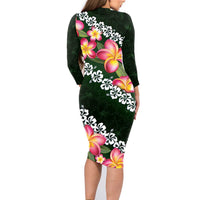 Green Polynesia Family Matching Long Sleeve Bodycon Dress and Hawaiian Shirt Plumeria With Hibiscus Pattern Tropical Vibes LT14 - Polynesian Pride