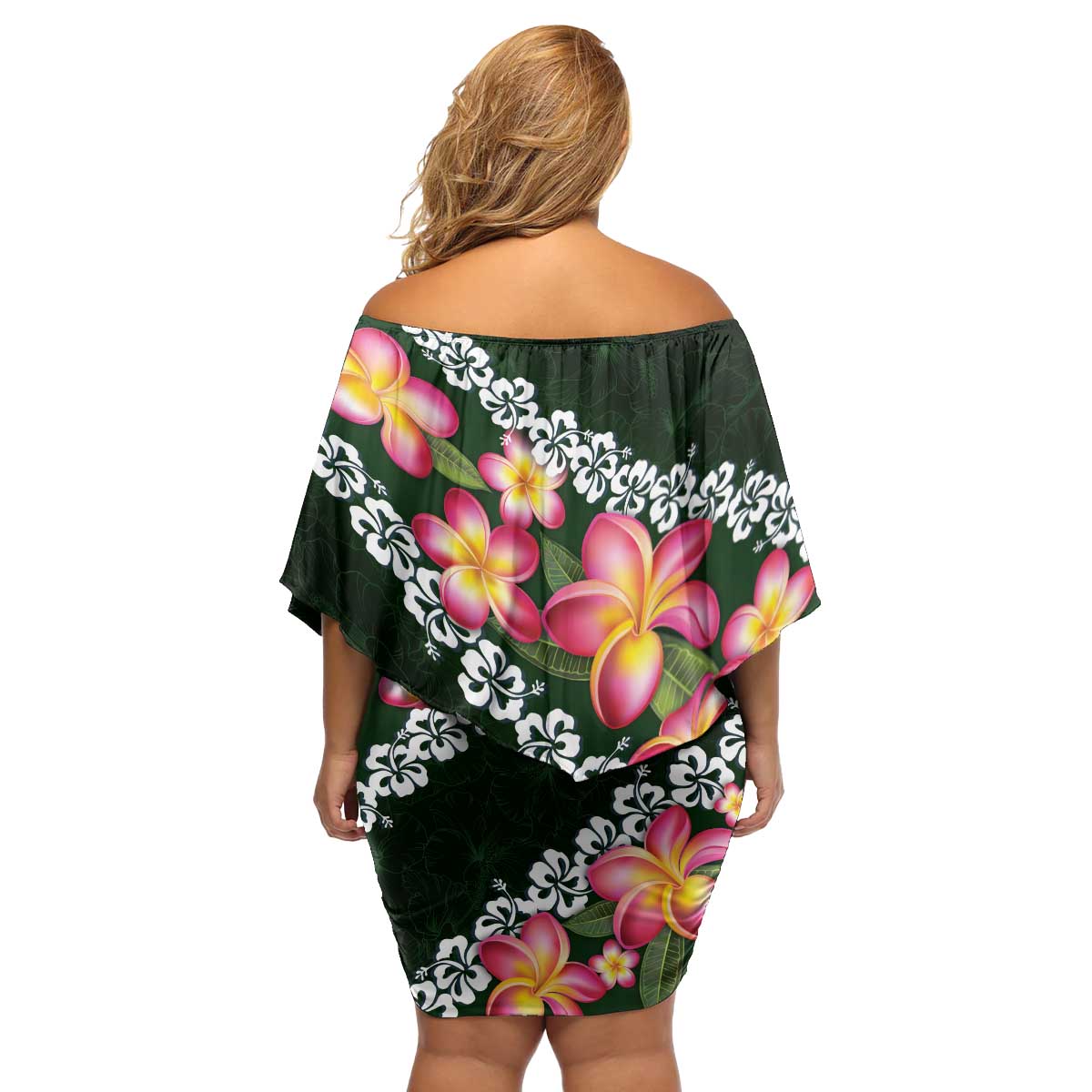 Green Polynesia Family Matching Off Shoulder Short Dress and Hawaiian Shirt Plumeria With Hibiscus Pattern Tropical Vibes