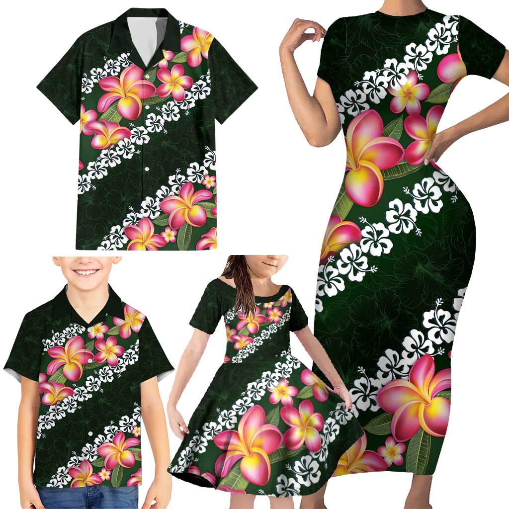 Green Polynesia Family Matching Short Sleeve Bodycon Dress and Hawaiian Shirt Plumeria With Hibiscus Pattern Tropical Vibes LT14 - Polynesian Pride