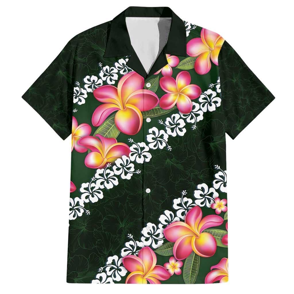 Green Polynesia Family Matching Short Sleeve Bodycon Dress and Hawaiian Shirt Plumeria With Hibiscus Pattern Tropical Vibes LT14 Dad's Shirt - Short Sleeve Green - Polynesian Pride