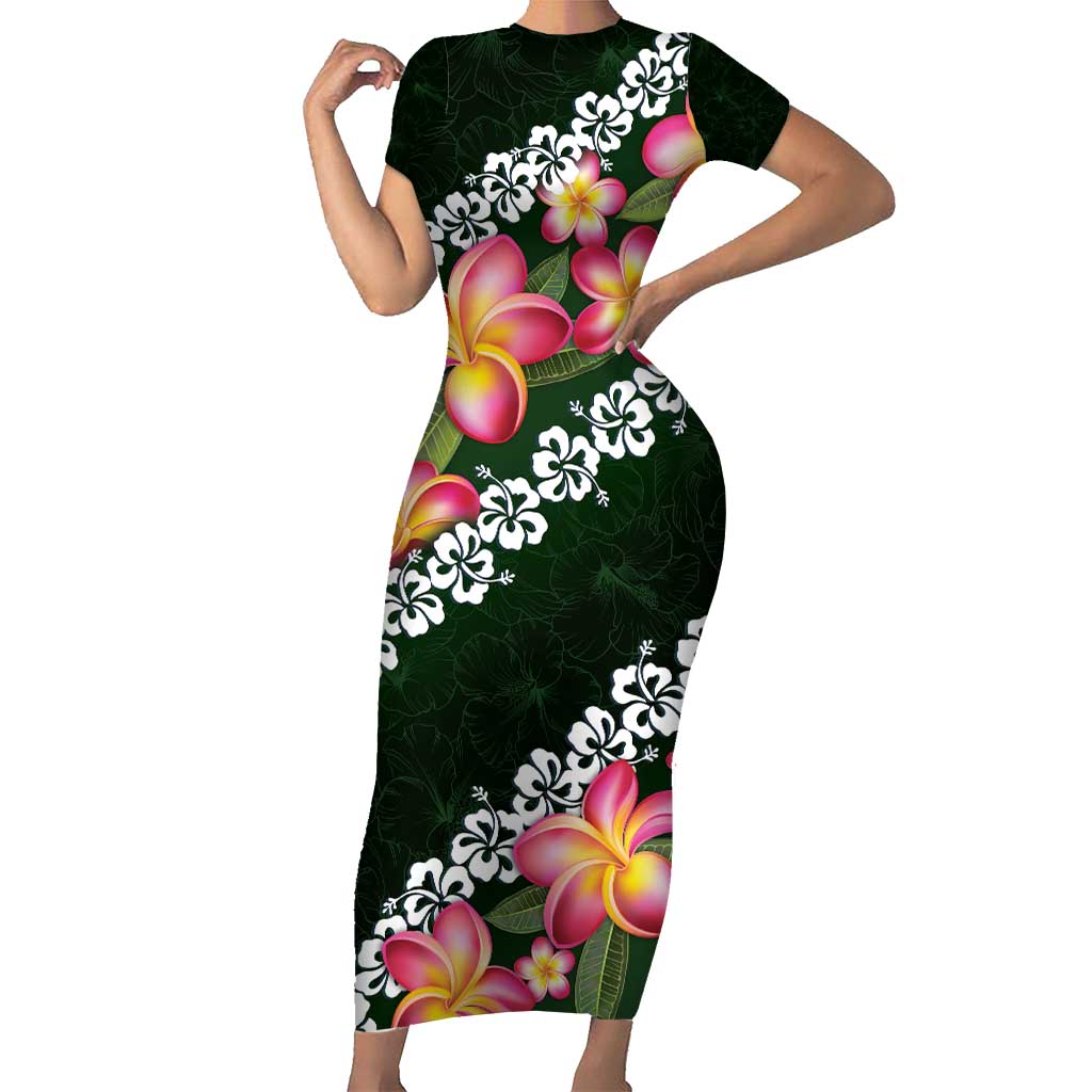Green Polynesia Family Matching Short Sleeve Bodycon Dress and Hawaiian Shirt Plumeria With Hibiscus Pattern Tropical Vibes LT14 Mom's Dress Green - Polynesian Pride