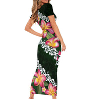 Green Polynesia Family Matching Short Sleeve Bodycon Dress and Hawaiian Shirt Plumeria With Hibiscus Pattern Tropical Vibes LT14 - Polynesian Pride