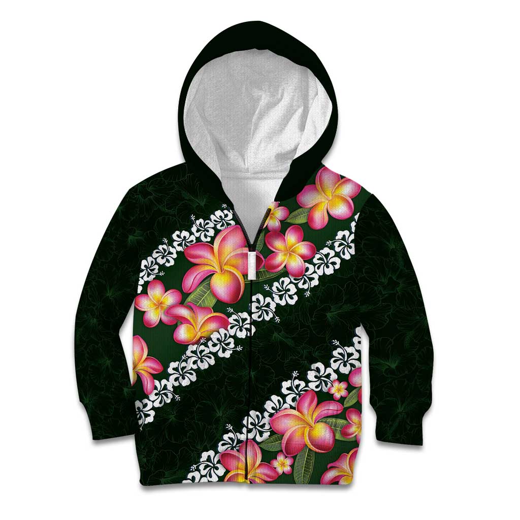 Green Polynesia Kid Hoodie Plumeria With Hibiscus Pattern Tropical Vibes