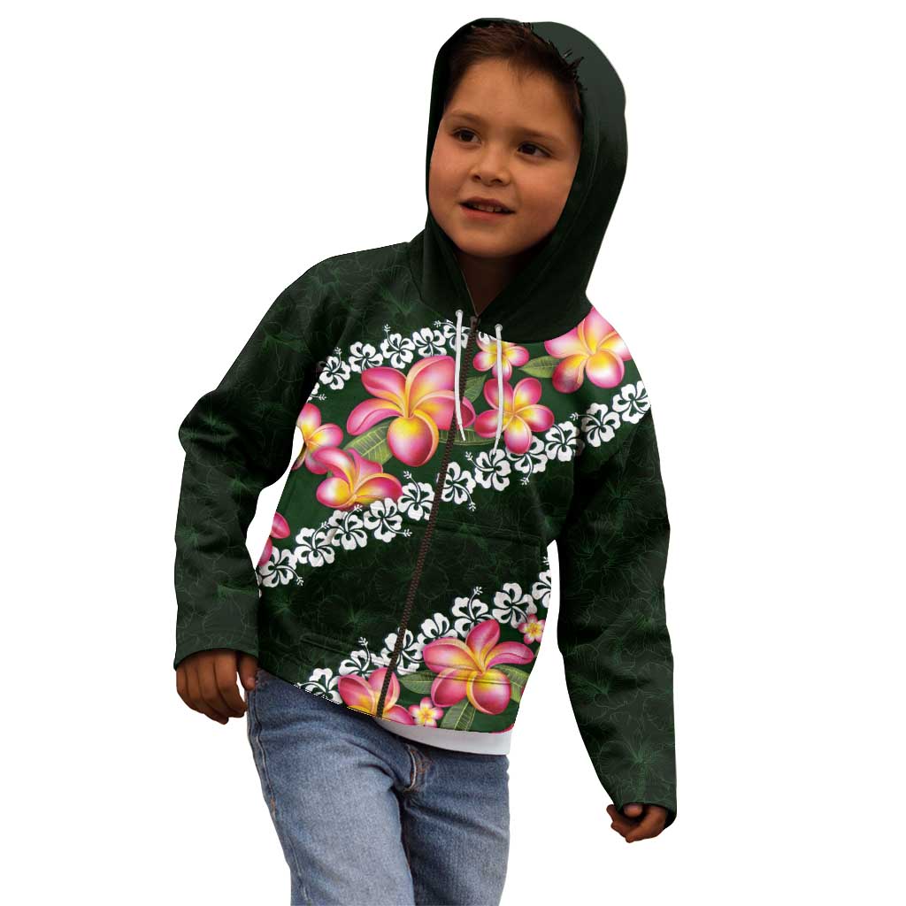 Green Polynesia Kid Hoodie Plumeria With Hibiscus Pattern Tropical Vibes