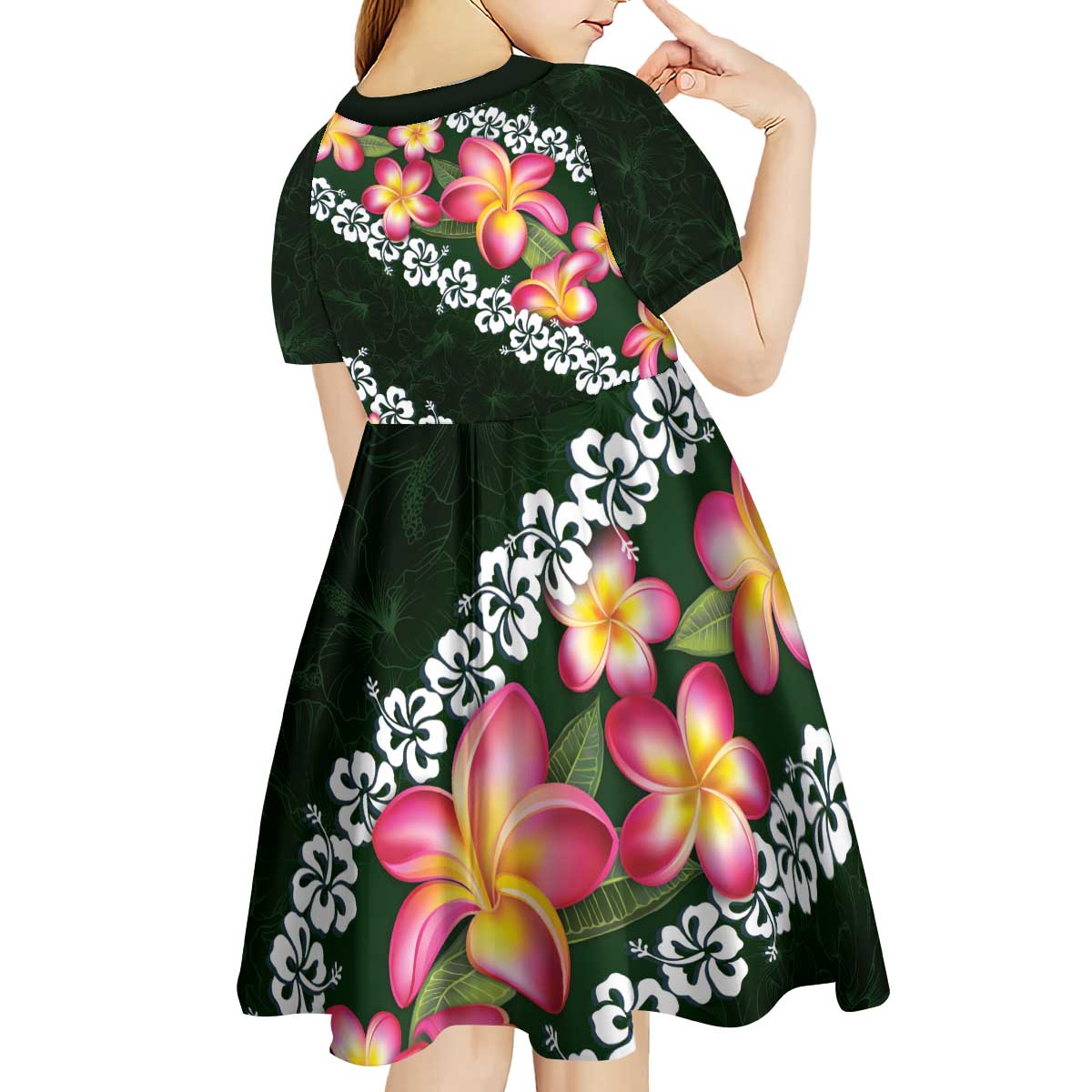 Green Polynesia Kid Short Sleeve Dress Plumeria With Hibiscus Pattern Tropical Vibes