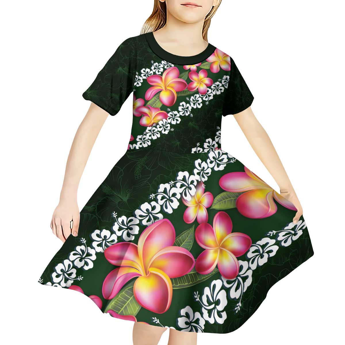 Green Polynesia Kid Short Sleeve Dress Plumeria With Hibiscus Pattern Tropical Vibes