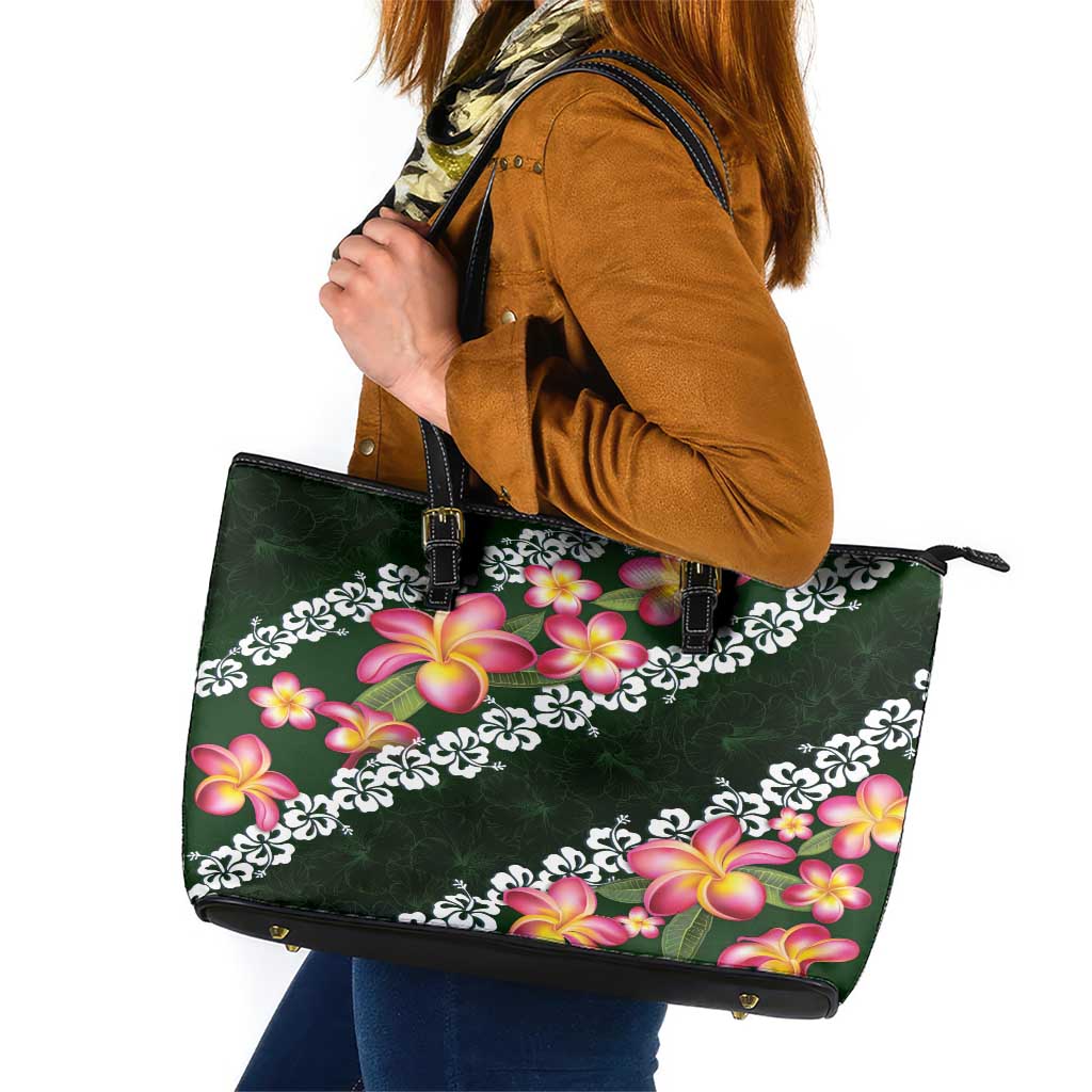 Green Polynesia Leather Tote Bag Plumeria With Hibiscus Pattern Tropical Vibes